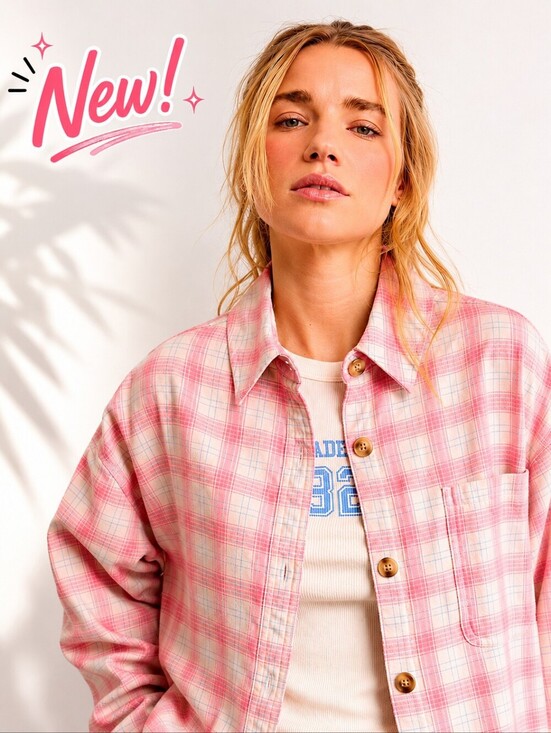 American Eagle Outfitters Tops - New! American Eagle Soft Coral Plaid Flannel Shacket Button Down
